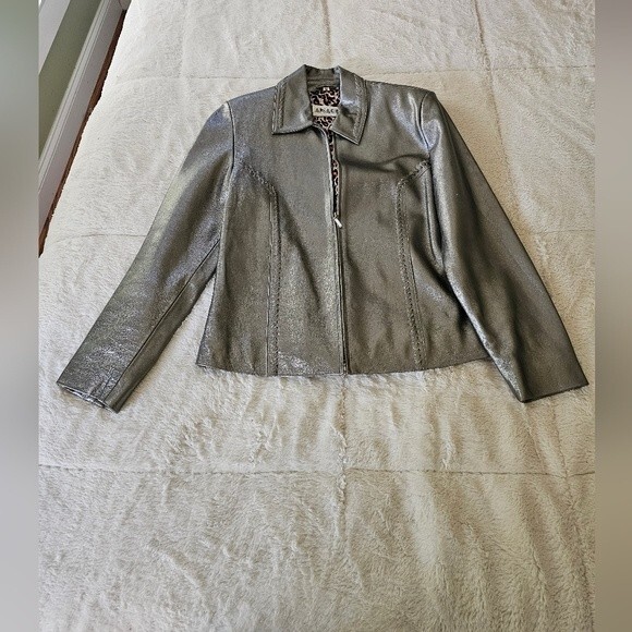 ANANGE Silver Leather Jacket Whip Stitch Pockets Size Medium - Picture 2 of 8